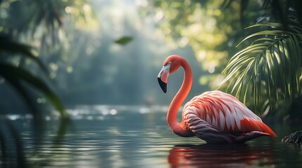 Fototapeta premium Pink and white flamingo in a tranquil pond framed by trees and greenery