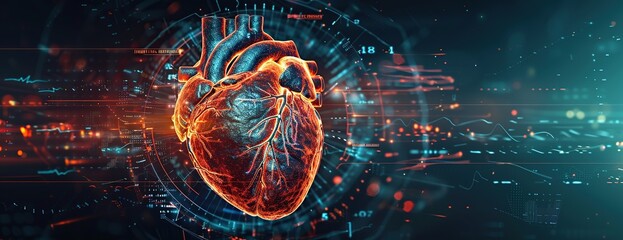 Abstract digital human heart with medical symbols and data visualizations on a dark background