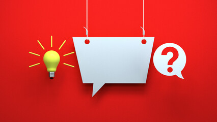 Template hanging speech bubble and light bulb.Red background.Copy space.