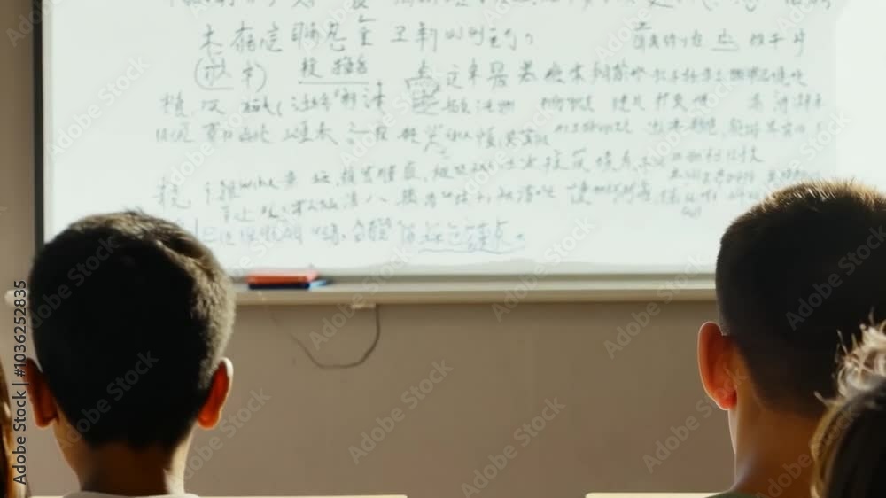 Fototapete A group of students sits in a classroom, focusing intently on the lesson as a teacher writes Chinese characters on the whiteboard, creating an engaging learning environment.