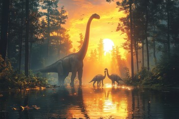 Digital Art Illustration of a Brachiosaurus Family in a Prehistoric Jungle Near a River

