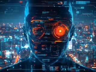 Obraz premium Top view of a futuristic black head, neon lines illuminating a transparent HUD screen, detailed stock data overlay, dramatic urban night backdrop