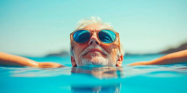 Senior man relaxing spending time swimming in pool