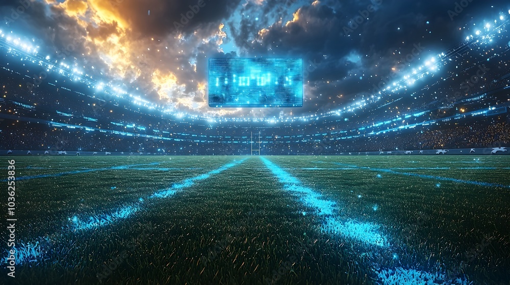 Poster futuristic football field with holographic scoreboard floating above the pitch ample copy space avai