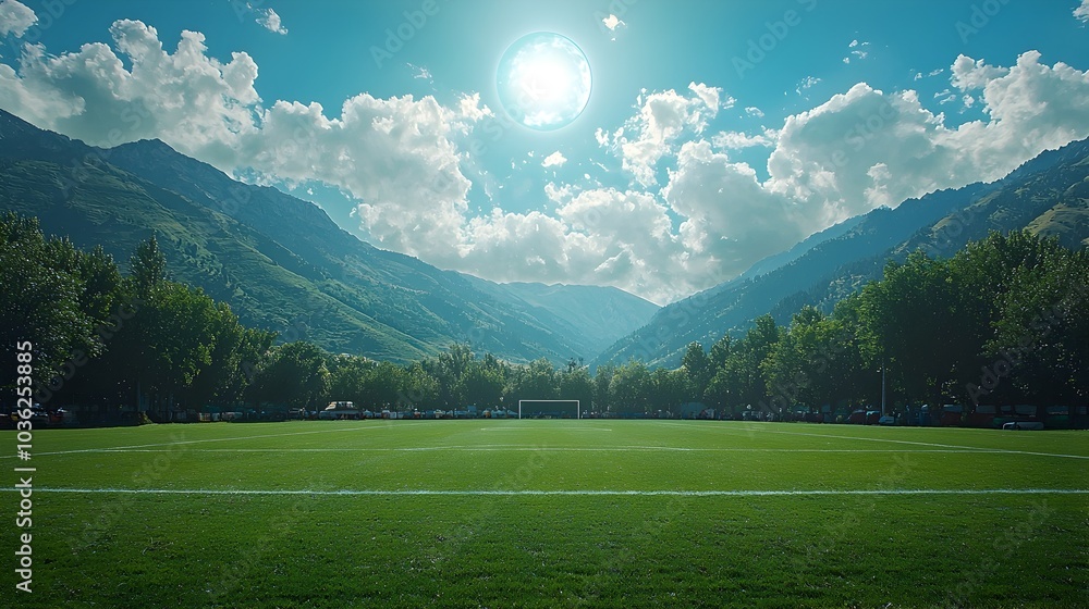 Poster futuristic football field with a holographic scoreboard hovering above the pitch providing ample cop