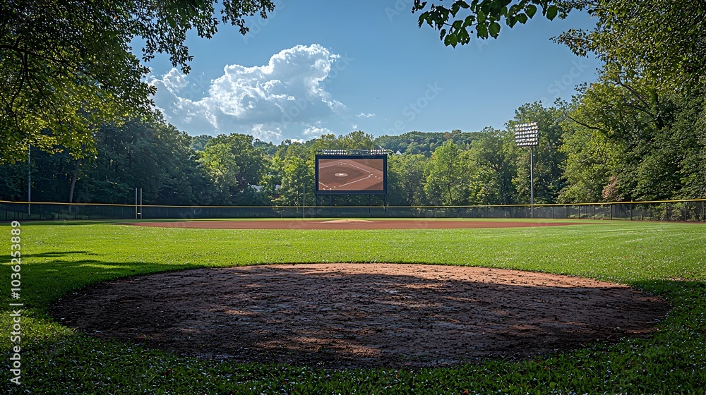 Poster a photograph of a baseball field with a holographic scoreboard floating above the outfield providing