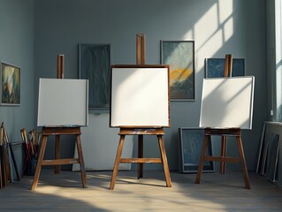 Empty canvases on easels in a bright, artistic studio waiting for inspiration and creativity to bring art to life.