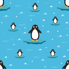 penguins on a blue background. seamless pattern Vector illustration