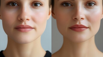 Fototapeta premium Anti-wrinkle cream application video tutorial, highlighting technique and transformation around the mouth area, ending with before-and-after close-up shots, Realistic, High-Resolution