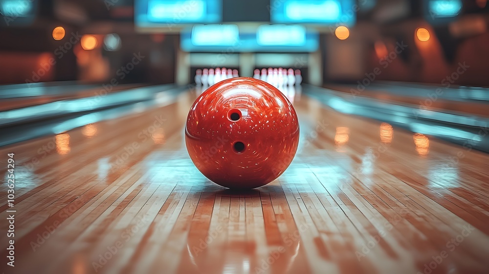 Poster futuristic indoor bowling alley with holographic pin tracking and ball speed display above the lanes