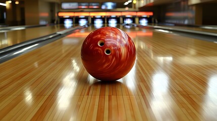 Futuristic indoor bowling alley with holographic pin tracking and ball speed display above the lanes  Ample copy space available on the floor and in the background for digital overlays or graphics