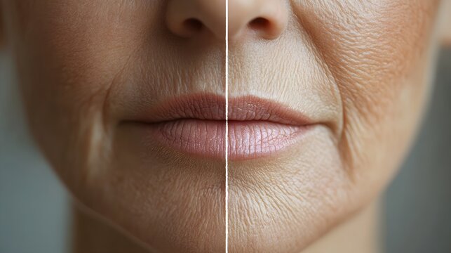 Detailed time-lapse video documenting the transformation of fine lines around the mouth, showing wrinkle reduction and clear before-and-after results, Realistic, Soft Lighting
