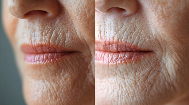 Anti-aging treatment time-lapse video, focusing on the mouth area, showing fine line reduction and skin rejuvenation, with side-by-side before-and-after results, Detailed, Bright Lighting