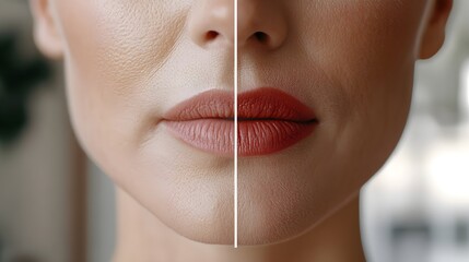 Video demonstration of anti-wrinkle cream application, showing real-time wrinkle reduction around the mouth, with a side-by-side before-and-after comparison, Natural Lighting, High Detail