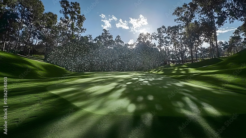 Poster a photograph of a golf course with holographic wind and distance data projected over the fairway off