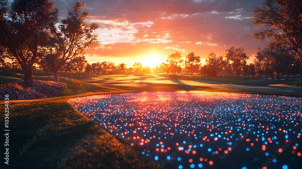Poster futuristic golf course with holographic wind and distance data projected over the fairway providing 
