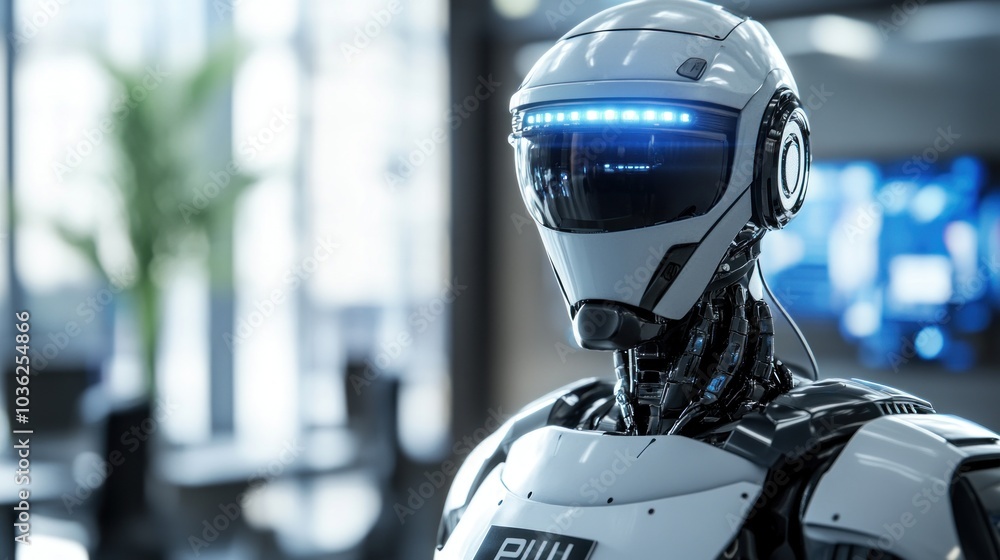 Poster a futuristic humanoid robot with a sleek design and illuminated features in a modern setting.