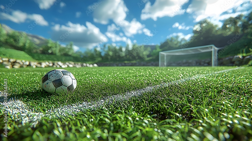 Poster a photograph of a futuristic soccer stadium featuring holographic goal line technology displayed nea