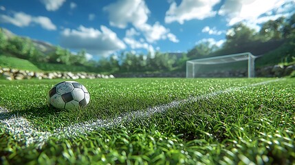 Obraz premium A photograph of a futuristic soccer stadium featuring holographic goal line technology displayed near the goalpost The open field and sky provide ample space for text and design elements