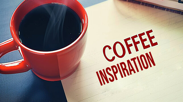 Close up black coffee in a red mug ,note paper on table display red text " COFFEE INSPIRATION "