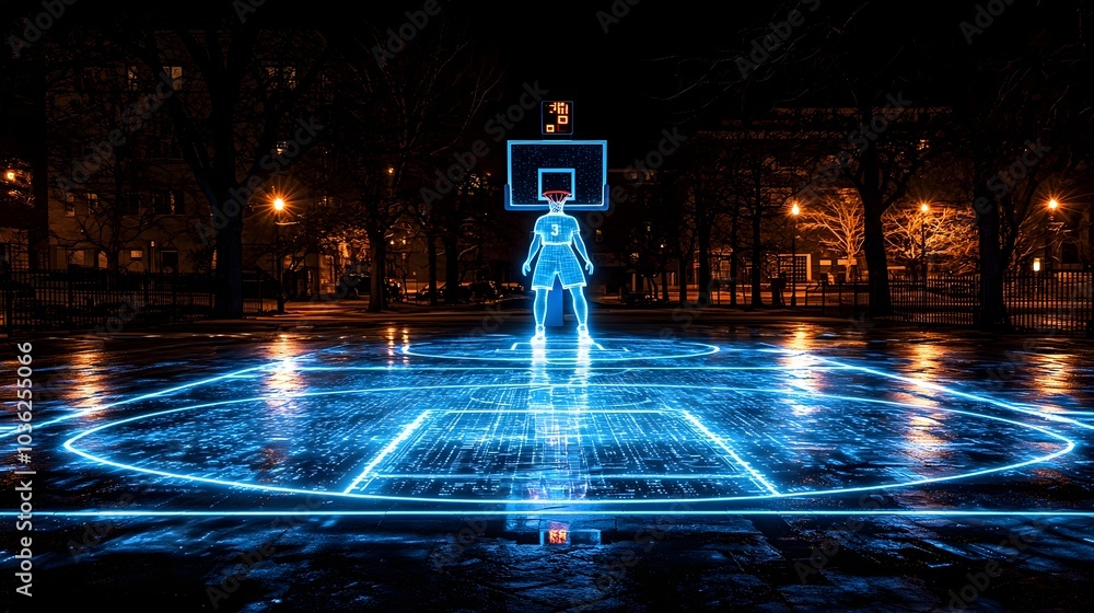 Poster high tech basketball court with holographic player statistics and data visualizations floating above