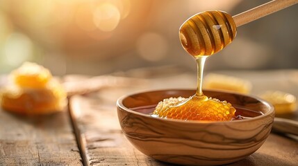 Fototapeta premium Honey dripping from honey dipper in wooden bowl with honeycomb on wooden table