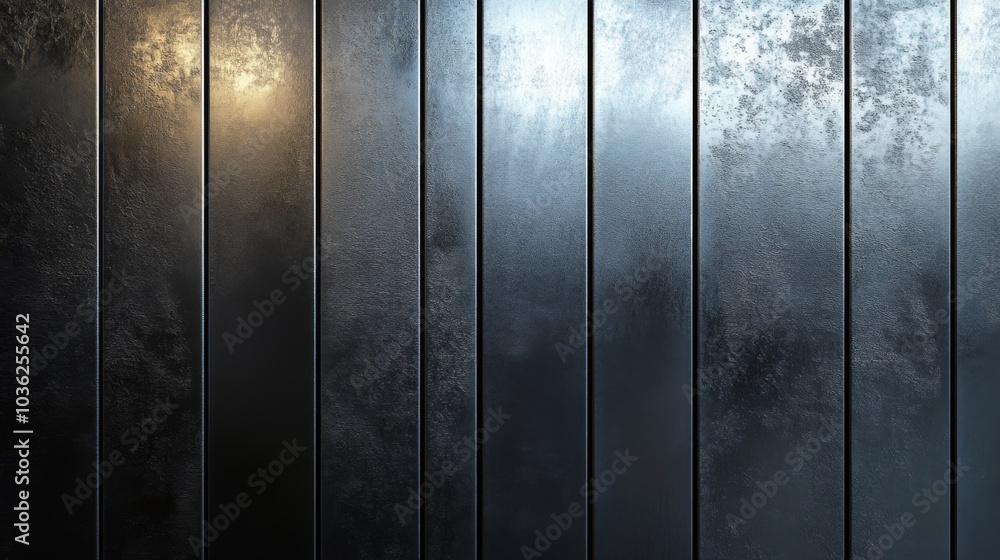 Poster the photograph captures a close view of a modern metallic wall, featuring sleek vertical panels that