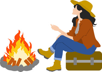 たき火をする女性のイラスト