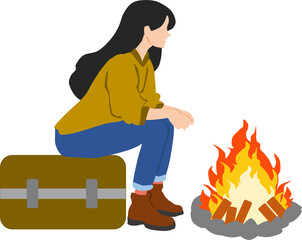 たき火をする女性のイラスト
