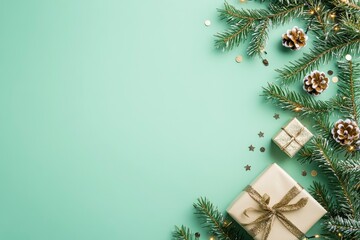 Christmas flat lay. Stylish christmas border with festive decorations, confetti,gift, fir branches on green background. Merry Christmas! Seasons greetings card template, space for text , ai