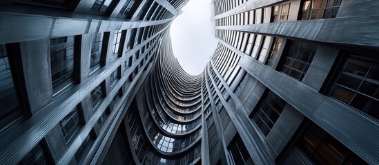 Obraz premium A dramatic upward view of a modern, spiraling architectural structure.