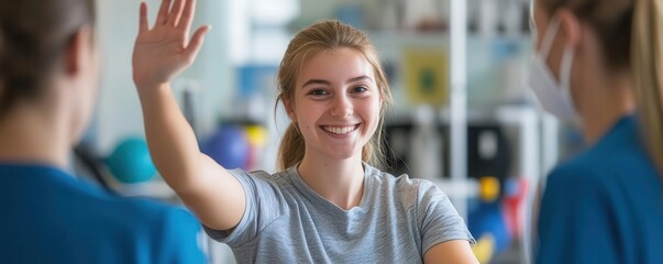 A young woman smiles while raising her arm during a physical therapy session with healthcare professionals, emphasizing recovery and support in a clinical setting.
