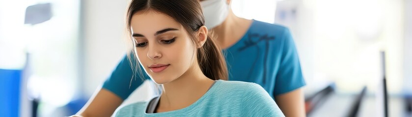 Fototapeta premium A physical therapist supports a patient during a rehabilitation session, focusing on improving mobility and strength in a clinical environment.