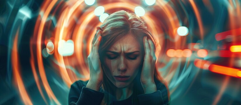 Woman hands on his head felling headache dizzy sense of spinning dizziness. 