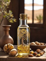 A clear glass bottle filled with golden argan oil sits on a rustic wooden table.