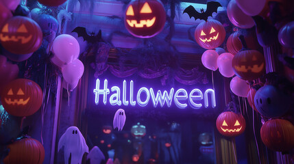 A bold "Halloween" inscription in a gothic-style font, with themed balloons featuring bats, ghosts, and pumpkins floating above, adding a playful yet eerie vibe