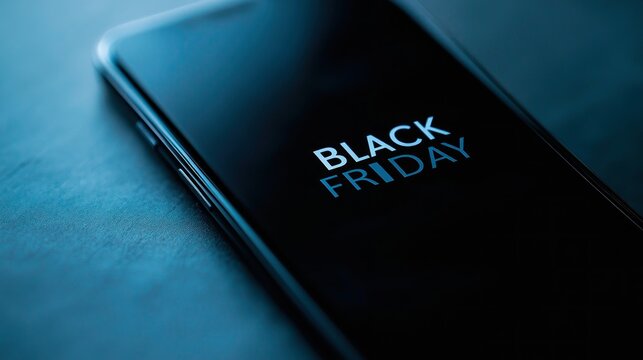 A contemporary smartphone on the table, showcasing dark screen with text "Black Friday" under soft ambient lighting close up