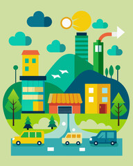 Fototapeta premium Before proceeding with the development of a new shopping mall an environmental impact assessment was undertaken to evaluate its effects on traffic noise pollution and nearby green. Vector illustration