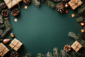 Christmas flat lay. Stylish christmas border with festive decorations, confetti,gift, fir branches on green background. Merry Christmas! Seasons greetings card template, space for text , ai