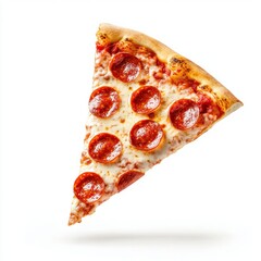 Template with delicious tasty slice of pepperoni pizza flying on white background. 