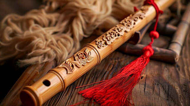 Elegant traditional Chinese bamboo flute with elaborate carvings and luxurious red silk tassels positioned on a wooden stand emphasizing the craftsmanship of ethnic musical heritage