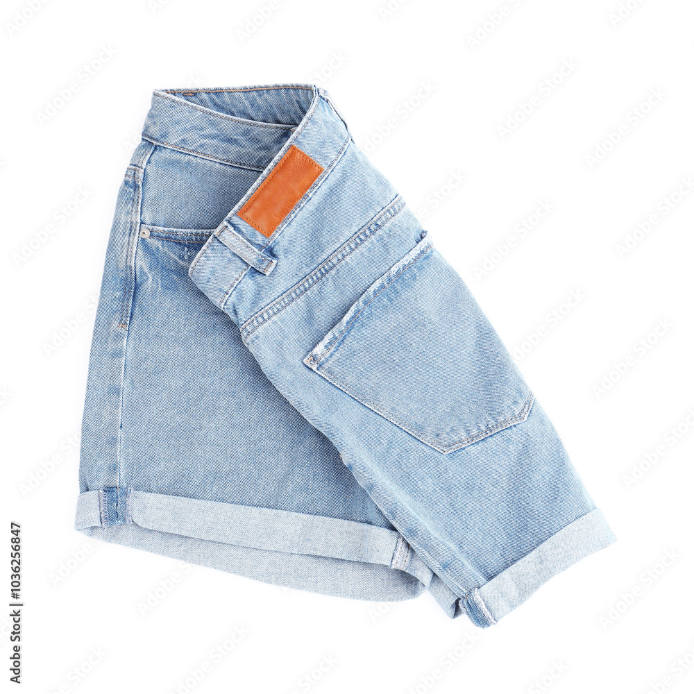 Sticker Stylish light blue denim shorts isolated on white, top view