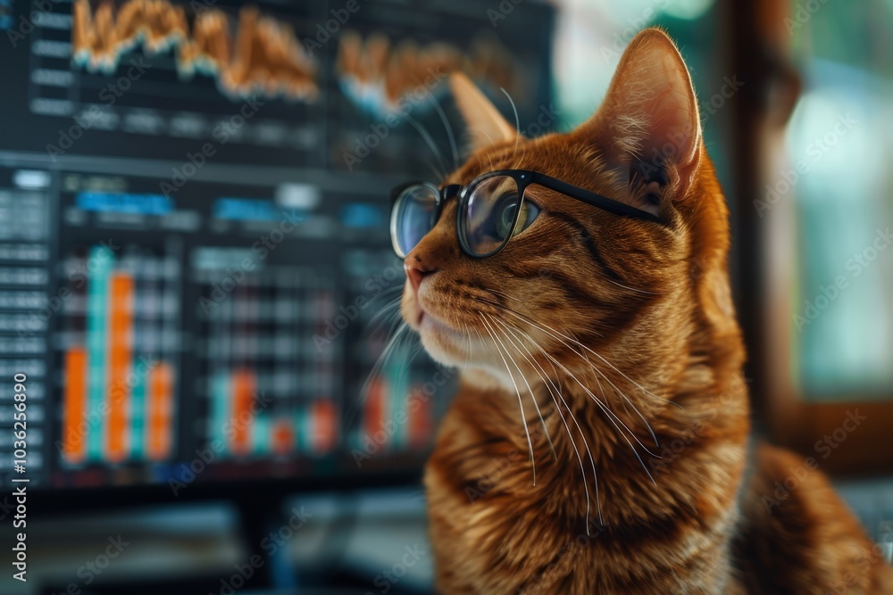 Poster a cat wearing glasses sits in front of a screen displaying charts. concept humor and intelligence. f