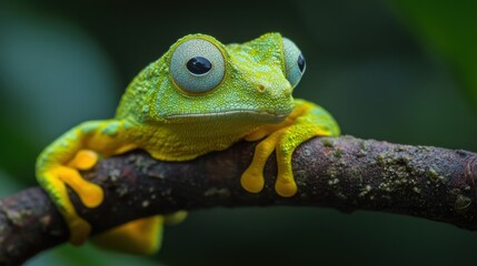 A vibrant green frog perched on a branch, showcasing its striking colors and large eyes.