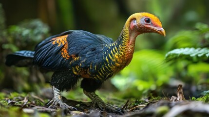 A colorful bird with vibrant plumage and distinctive features in a lush forest setting.