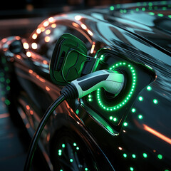 An electric car charging, with the cable glowing green and the vehicle's body in shades of dark gray to light brown