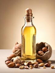 A minimalist composition featuring a glass bottle of argan oil set against a neutral, light-colored background.