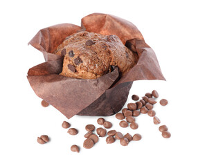 Delicious sweet muffin with chocolate chips isolated on white
