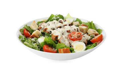 Tasty Caesar salad with chicken and tomatoes in bowl isolated on white