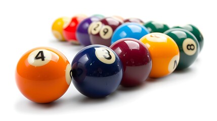 Dynamic imagery of a billiard ball set showcasing high resolution details and glossy surfaces on a white background perfect for marketing billiard games and hobbyist photography